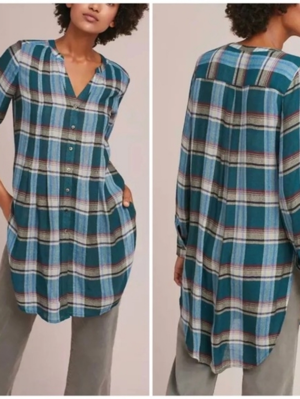 Akemi + Kin Anthropologie Lucie Plaid Oversized Button Down Tunic Shirt S